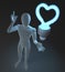 Character, figure, man having a love idea depicted by heart shaped blue neon, fluorescent light bulb