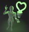 Character, figure, man having a love idea depicted by heart shaped green neon, fluorescent light bulb