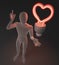 Character, figure, man having a love idea depicted by heart shaped red neon, fluorescent light bulb