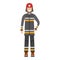 Character fireman standing isolated on white, flat vector illustration. Human female important firefighter professional activity,