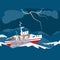 Character fishing boat team, vessel in thunderstorm catch fish in sea, ocean, water, flat vector illustration. Stormy