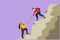 Character flat drawing of active man and woman hikers climbing up mountain and one of them helping to each other with rope,