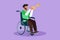 Character flat drawing attractive Arab man in wheelchair playing trumpet during music lesson. Physically disabled. Person in