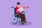 Character flat drawing of beautiful female in wheelchair playing trumpet during music lesson. Physically disabled. Person in