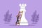 Character flat drawing brave businesswoman climb huge rook chess piece with ladder. Business strategy and marketing plan.