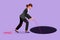 Character flat drawing businesswoman stretch out rope into hole. Woman wondering and looking at big hole, business concept in