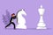 Character flat drawing of competitive businesswoman push huge knight chess piece to beat king. Business strategy, marketing plan.