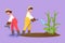 Character flat drawing couple farmers watering plants using hose and planting new plants. Farmer planting activities. Gardener or