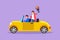 Character flat drawing cute newly married couple groom in vehicle. Happy handsome man and beautiful woman riding wedding car.