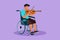 Character flat drawing of disability and music. Man in wheelchair plays violin. Physically disabled, injured body. Person in