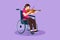 Character flat drawing of disability and music. Woman in wheelchair plays violin. Physically disabled, broken leg. Person in