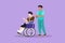 Character flat drawing disabled little boy with broken hand, leg riding wheelchair with nurse assistance. Kids patient in