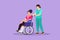 Character flat drawing disabled woman patient in wheelchair and doctor. Female transporting person walk in hospital. Medicine