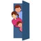 Character flat drawing family looking from behind open door. dad,mom,daughter peeking of door. Cheerful family standing in doorway