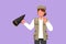 Character flat drawing female film director holding megaphone with thumbs up gesture, wearing vest, and cap while set the crew for