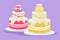 Character flat drawing fresh delicious stacked wedding cake with strawberry fruit topping. Pastry confectionery concept for flyer