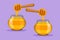 Character flat drawing fresh delicious sweet honey on wooden bowl with dipper drip. Natural organic food template concept. Healthy
