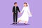 Character flat drawing of happy man pulled beautiful woman hand with wedding party. Romantic couple walking on romantic honeymoon