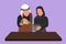 Character flat drawing happy romantic Arab couple pour oil into pan which is being held by one of them. Man woman with cooking