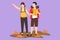 Character flat drawing hiking hikers couple man and woman with backpacks and map in mountains. Travelers backpacking or trekking