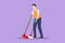 Character flat drawing of housekeeping male worker with broom and dustpan. Young man janitor, sweeping the floor with broom,