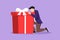 Character flat drawing of joyful businessman hugging huge birthday gift. Young satisfied male sitting near wrapped birthday gift