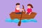 Character flat drawing little boy and girl paddling boat together. Kids riding on wooden boat at river. Kids rowing boat on small