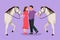Character flat drawing of romantic couple standing and talking beside they horses. Young man and woman meet for dating with ride