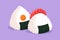 Character flat drawing stylized Japanese onigiri logo label, flyer, sticker, symbol. Emblem seafood sushi restaurant concept for