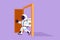Character flat drawing young astronaut walking through an open door frame in moon surface. Entering new market challenge