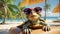 character funny cartoon turtle on beach wearing sunglasses comedian happy