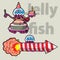 Character funny jellyfish celebrates his Birthday and flies to the fireworks.  image