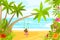 Character girl relax on tropical island, female swinging on tree, flat vector illustration. Travel, trip gift card and