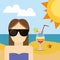 Character girl with sunglasses beach cocktail sun sea