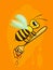 Character good cartoon bee carries honey in wooden bucket for honey, honey dipper. Illustration in vector for print or