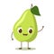 Character green pear with a face. Cheerful pear with eyes waving his hand, illustration easy to recolor