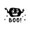 Character horrible ghost, virus or microbe with hands, open mouth, teeth. Angry screaming monster, boo lettering. Black hand drawn