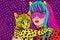 Character Lady with a Cat, 80s Pop Glam Rock Art, Yayoi Kusama Style. A Style with Organic Repeat Patterns, Energetic and