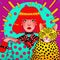 Character Lady with a Cat, 80s Pop Glam Rock Art, Yayoi Kusama Style. A Style with Organic Repeat Patterns, Energetic and