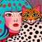 Character Lady with a Cat, 80s Pop Glam Rock Art, Yayoi Kusama Style. A Style with Organic Repeat Patterns, Energetic and