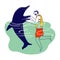 Character in Life Vest Swimming and Playing with Dolphins in Ocean. Summertime Recreation, Communication with Sea Animal