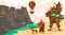 Character male, dog, steampunk airship and walking house, flat vector illustration. Air transport, gears, vintage design