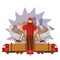 Character male lumberjack in red hat, axe, truck with trailer, pine, forest logs, saw, hammer, wood instrument, vector