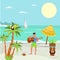 Character male play guitar on tropical beach, flat vector illustration. Guitarist stand african seaside, natural