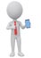 Character man businessman points to a mobile phone on a white background. 3d render illustration for advertising