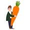 Character man holding a hypertrophied carrot. Agriculture Day.