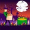 Character man sorcerer night, graveyard with candle, tree, moon carry magic stuff and brews potion flat vector