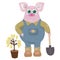 Character piggy gardener. Boots and shovel. Isolated. Vector.