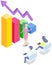 Character with pointer shows statistical graph. Colleagues looking at data and discuss statistics