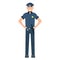 Character policeman standing isolated on white, flat vector illustration. Human male important professional activity, smiling